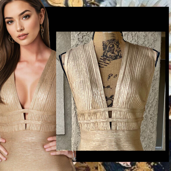 Bebe Foiled Bandage Plunge Neck Cutout Bodycon Midi Dress Size XL - Picture 3 of 11